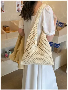 Handmade knit beach tote bag with hollow-out design and starfish charm