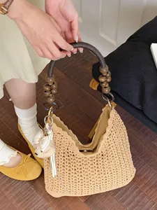 Korean Casual Cotton Woven Tote Bag Elegant Hollow Mesh Shoulder Bag With Wooden Bead Strap Beach Vacation Handbag For Women