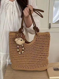 Borsa Tote in Paglia da Donna Traforato Intrecciato Borsa a Spalla Casual Spiaggia Vacanza Borsa a Mano Quotidiano Shopping
