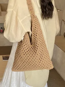 Women Hand Woven Cotton Linen Tote Bag Hollow Out Summer Beach Underarm Shoulder Bag With Pendant Starfish Seashell Holiday Bag