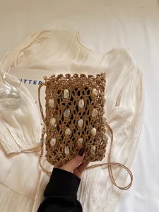 Women Woven Beaded Phone Bag Hollow Out Straw Crossbody Bag Summer Beach Vacation Handmade Shoulder Purse Casual Phone Case