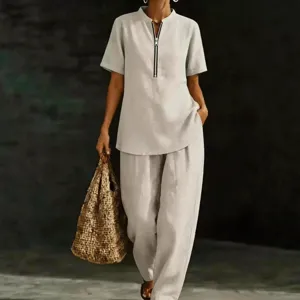 Set Due Pezzi Donna Casual Tinta Unita Collo a V Con Cerniera Manica Corta Top E Bottom Pantaloni Set Moda Estiva Minimalista in Poliestere