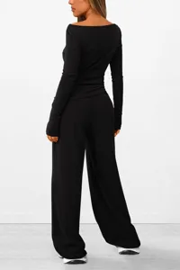 Black casual two-piece set featuring long sleeve top and wide leg pants, ideal for daily wear.