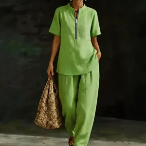 Completo due pezzi da donna tinta unita con top manica corta e pantaloni lunghi estivo