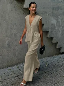 Detail shot of the linen-blend V-neck vest and wide-leg trousers set in solid casual style.