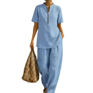 Set coordinato due pezzi con top a maniche corte e pantaloni lunghi tinta unita donna estate
