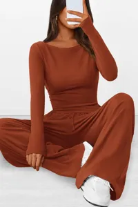 Chic autumn casual long sleeve top and wide leg pants two piece clothing set for women.