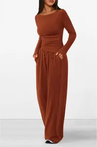 Autumn casual two-piece set featuring an asymmetrical long-sleeve top and wide-leg pants.