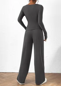 Dark grey long sleeve top and wide leg pants casual set detail view showing back fit.
