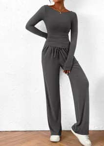 Casual two-piece set featuring long sleeve top and wide leg pants for daily wear.