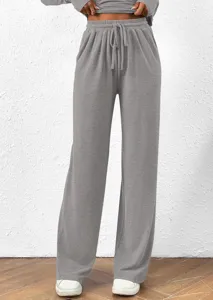 Detail view of comfortable grey wide leg lounge pants with adjustable drawstring waist.