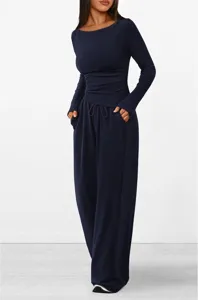 Detail shot of navy blue long sleeve top and loose wide leg casual pants set for women.