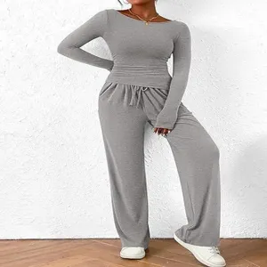 Grey long sleeve top and wide leg pants lounge set, casual comfy two piece outfit for women.