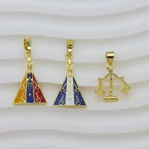 Gold plated religious triangular enamel and justice scales pendant set for stylish necklaces.