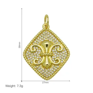 Detailed view of 18k gold plated Fleur-de-lis pendant with zircon stones and size guide