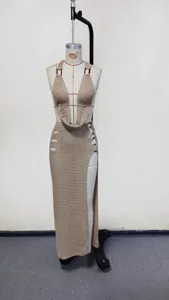 Detailed view of hollow out crochet beach dress set texture and side slit design for summer