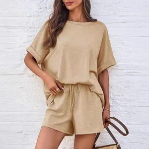 Summer casual lounge set featuring a loose short sleeve t-shirt and comfortable drawstring shorts.