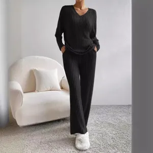 Γυναικείο Πλεκτό Σετ Παντελόνι Λαιμόκοψη V Ριμπ Μακρυμάνικο Πουλόβερ Top Και Ίσιο Παντελόνι Casual Μονόχρωμα Ρούχα