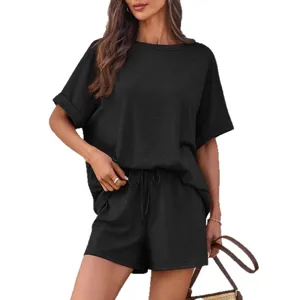 Summer casual two-piece lounge set solid black short sleeve t-shirt and drawstring shorts.