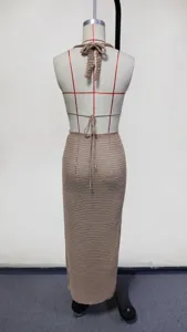 Sexy crochet knitted beach dress set bikini cover up backless halter top long skirt for women