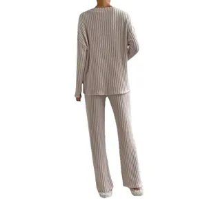 Γυναικείο πλεκτό σετ loungewear ριμπ casual V λαιμόκοψη μακριά μανίκια παντελόνι