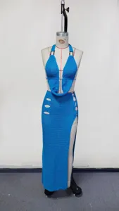 Blue crochet knit halter crop top and high split maxi skirt beach cover-up set for women
