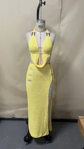 Yellow crochet knit two piece beach dress hollow out bikini cover up swimsuit for women