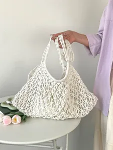 French Casual Hollow Hand Woven Cotton Linen Tote Bag For Women Summer Beach Vacation Commuter Shoulder Bag With Inner Bag