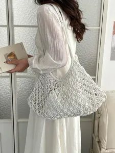 Elegant white macramé woven tote bag with inner liner for beach and casual summer outings