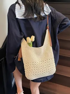 Bolso de Cubo de Paja Tejido a Mano para Mujer Bolso de Ganchillo Calado Floral Con Correa de Cuero Borla Gran Capacidad Vacaciones de Verano