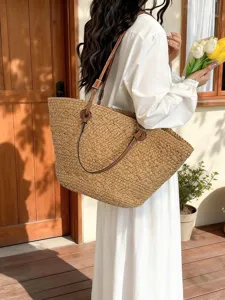 Damen Große Stroh Gewebte Tote Bag Sommer Strand Schulter Umhängetasche Handgemachte Casual Offene Handtasche Alltag Pendeln Reise Tasche