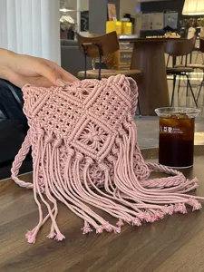 Bohemian Hand Woven Cotton Shoulder Bag With Long Tassel Geometric Hollow Out Flap Crossbody Mobile Phone Bag For Women Summer Holiday Beach Casual Travel
