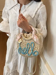 Women Straw Bucket Bag Handwoven Summer Beach Shoulder Handbag Urban Minimalist Casual Crossbody Drawstring Purse With Scarf Ribbon