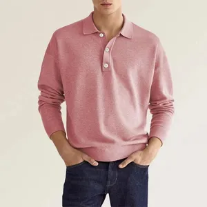 Heren Casual Lange Mouwen Revers Poloshirt Effen Kleur Mode Knoop Piqué Gebreide Top Voor Lente Herfst Kantoor Dagelijks