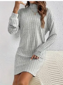 Grey ribbed high-neck long-sleeve knit dress detail showcasing texture and elegant fit.