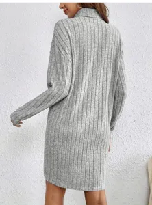 Grey turtleneck long sleeve ribbed knit dress for women, casual autumn winter casual style.