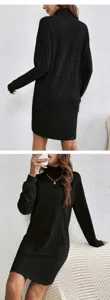 Close-up details of the black turtleneck knit sweater dress, showcasing front and back.