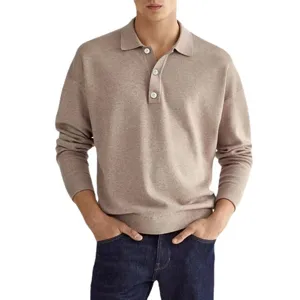Heren lang mouw gebreid polo shirt casual herfst top met knopen effen kleur trui.