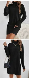 Close-up view of women's black turtleneck ribbed knit dress with long sleeves and cozy fabric.