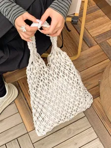 Cotton Rope Woven Tote Bag Hollow Macrame Beach Handbag Drawstring Niche Design Commuter Bag For Women