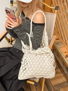 Handcrafted cotton rope woven hollow tote bag with internal drawstring for summer