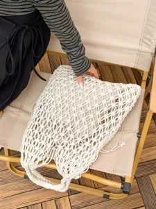 Handmade cotton rope woven hollow tote bag with drawstring inner pouch for beach