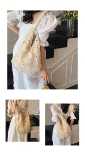 Hand-crocheted cotton shoulder bag with vintage sunflower hollow pattern for women.