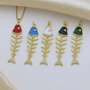 Colgante de Espina de Pescado Personalizado Dije de Collar Cobre Chapado en Oro 18K Circonia Esmalte Colgante Solo (Sin Cadena) Joyería Mujer