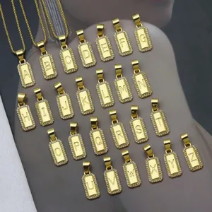 18K Gold Plated Copper Square Initial Letter Pendant Zirconia Inlaid DIY Name Necklace Pendant Jewelry Accessory For Women