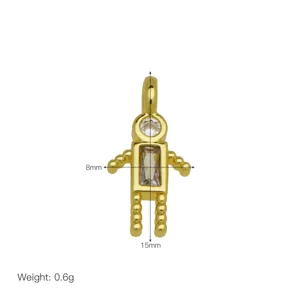 Detailed view of gold-plated robot pendant with zircon stones showing dimensions