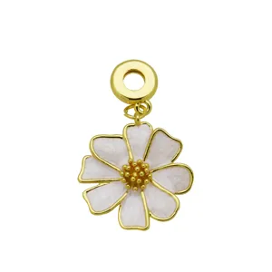 Detailed view of a white enamel flower charm with premium 18K gold plating for jewelry.