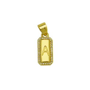 Detailed view of an 18K gold-plated square pendant featuring a zircon border and letter A