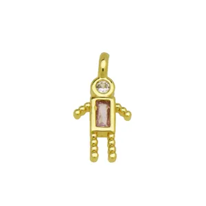 Macro detail of a creative robot-shaped pendant with pink and clear zircon stones