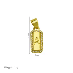Detailed view of gold-plated square pendant with zircon border and letter A, 23x8mm size